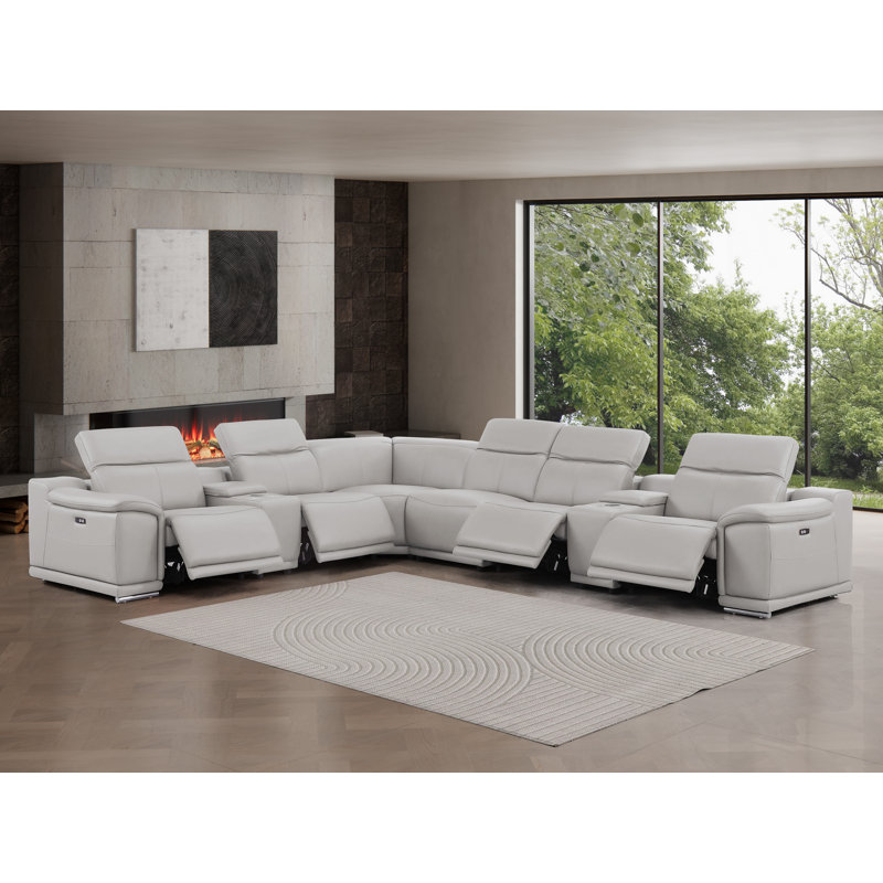 8-Piece L-Shaped Power Reclining Sectional In Genuine Leather – 4 Recliners, Light Gray Top Grain Leather