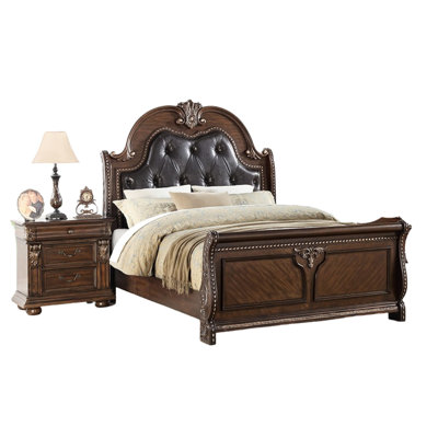 Brown Traditional Style Queen Size Bed With Faux Leather Padded Headboard And Wood Construction For Bedroom Decor Frame