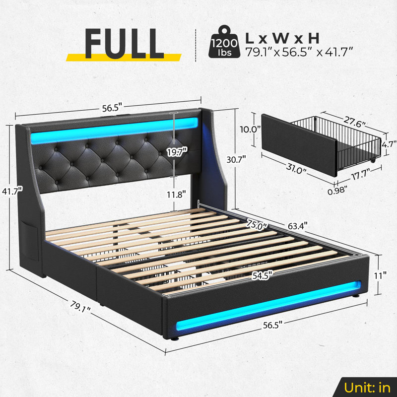 Komor Upholstered Storage Bed with Charging Station and LED Lights