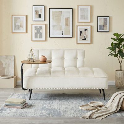 Modern Upholstered Sofa with 360° Rotating Side Table, Wooden Frame, Block Pattern and Copper Nailhead Trim