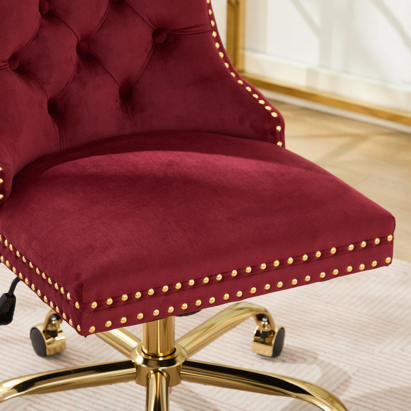 Fauteuil de bureau rotatif ajustable capitonné moderne en velours avec base en métal, Rouge