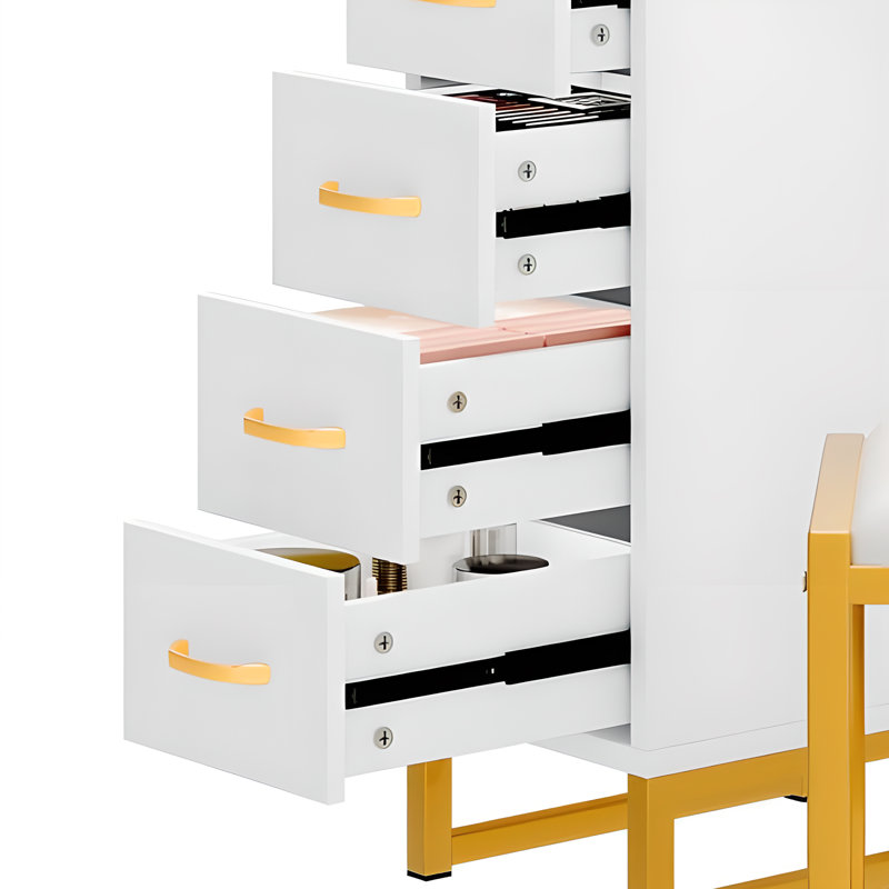 White and Gold Corner Vanity Desk with Tri-Fold Mirror and LED Lights