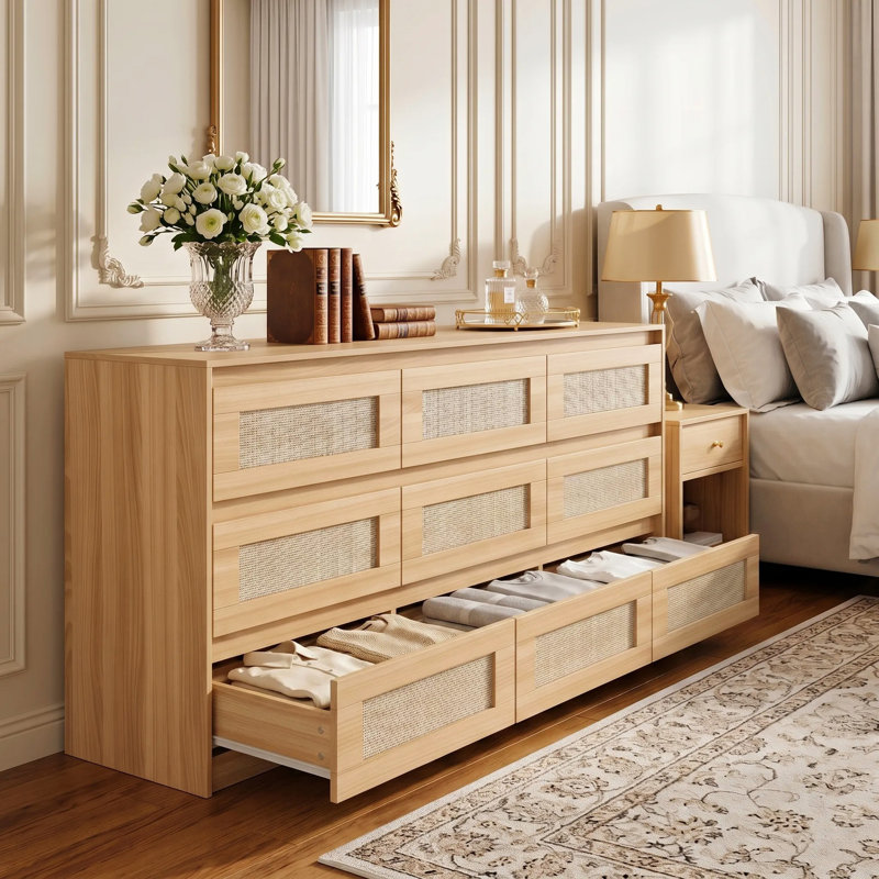 9-Drawer Dresser With Rattan Drawer Panel