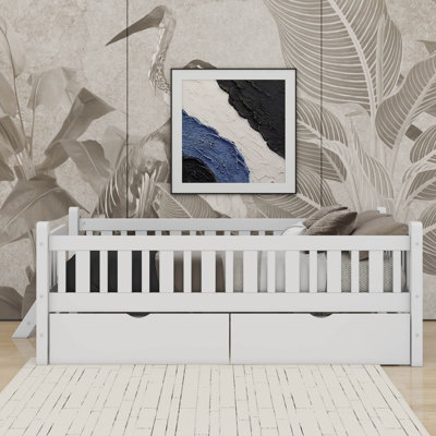 Lit plateforme simple en bois avec 2 tiroirs et garde-corps