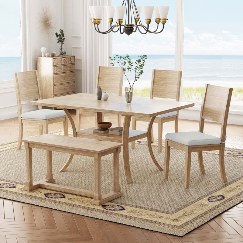 Ensemble de table de salle à manger en bois 6 pièces avec banc et 4 chaises, Natural, Beige, Naturel / naturel