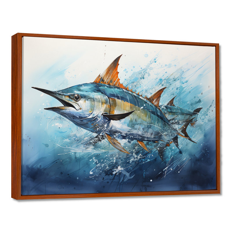 Fishing Majestic Marlins I - Fishing Framed Canvas Print Hunting Wall Art, 16" H x 32" W x 1" D, Brown Floater Framed