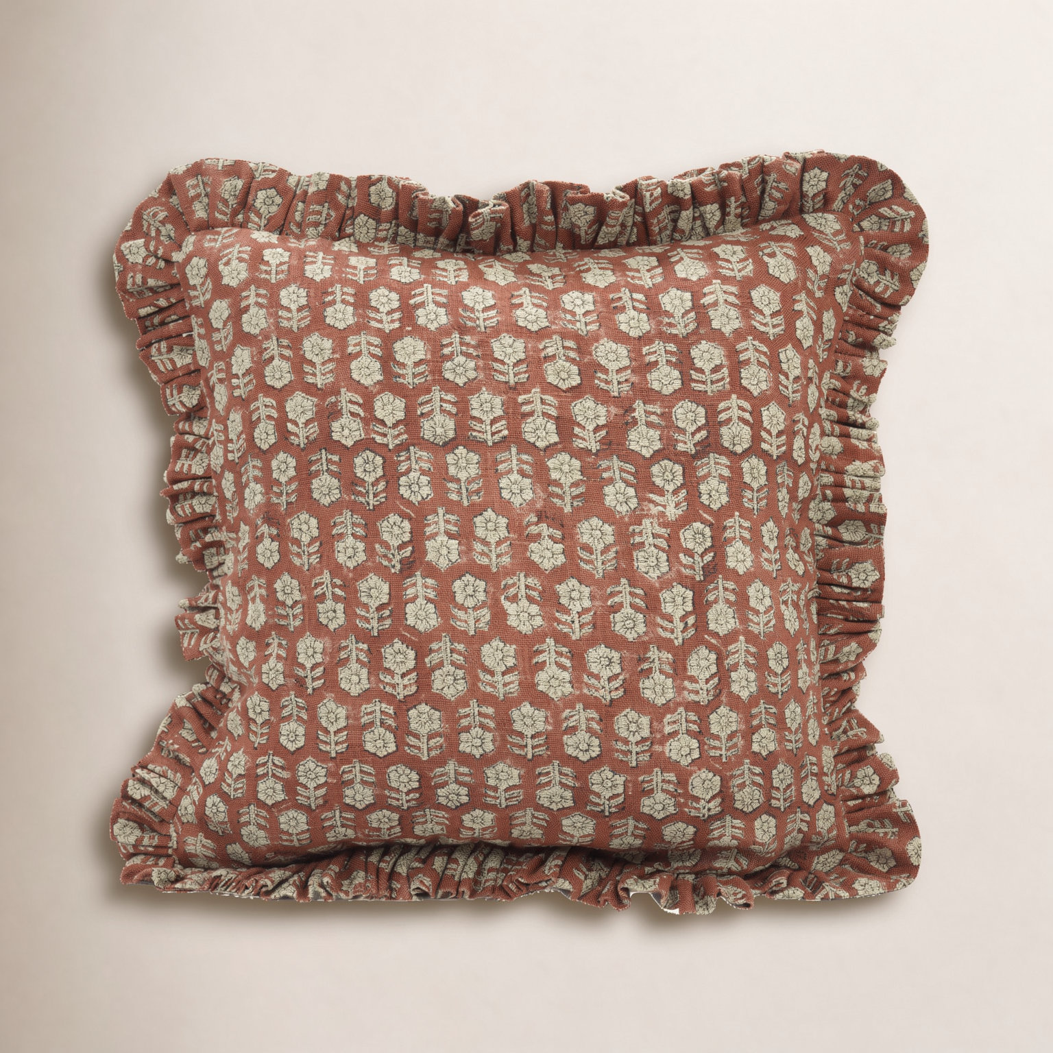 Handmade Linen Pillow Cover, Red Floral/Block Print, 18"H x 18"W