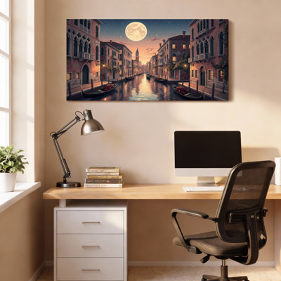 Venice Canal Moonlight Scene Canvas Wrapped Wall Art Oil Painting Print Set Of 1