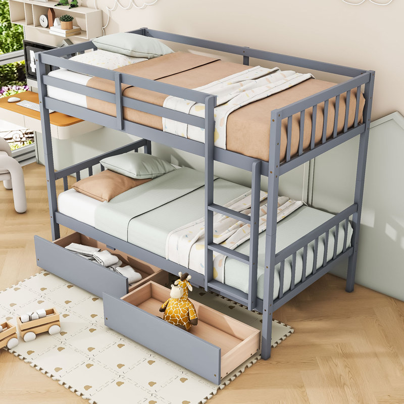 Rubber Wood Bunk Bed With Two Drawers, Twin Over Twin, Gray
