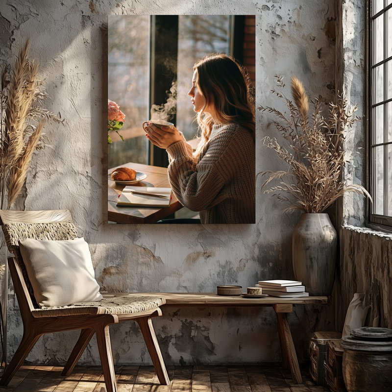 Toile, scène intérieure sereine baignée de lumière naturelle chaleureuse, art mural, H 14 po x l 11 po