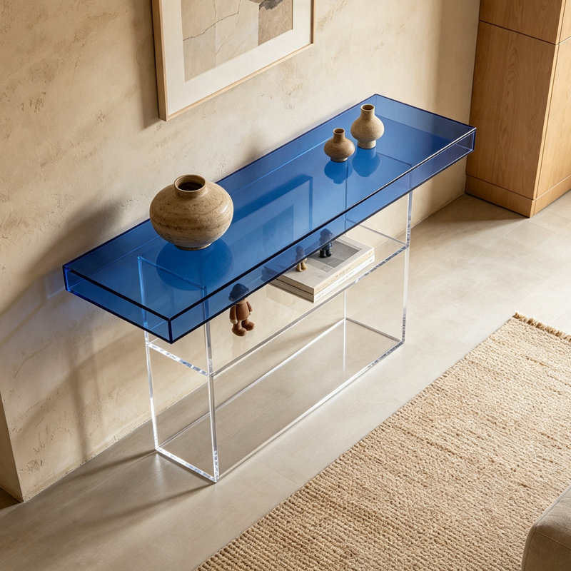 Console en acrylique transparent à base transparente, H 31,5 po x l 55,12 po x P 11,81 po
