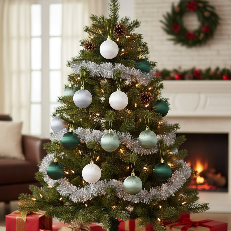 15 pièces / ensemble de boules de Noël suspendues 8cm / 3,2 pouces, Vert / blanc / bleu clair