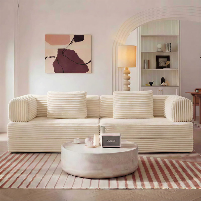 Canapé à compression, canapé-lit convertible au sol avec accoudoirs avec dossier coussiné, canapé-lit futon confortable, canapé modulaire sans causeuse, tissu en velours côtelé, pour le salon, la chambre à coucher
