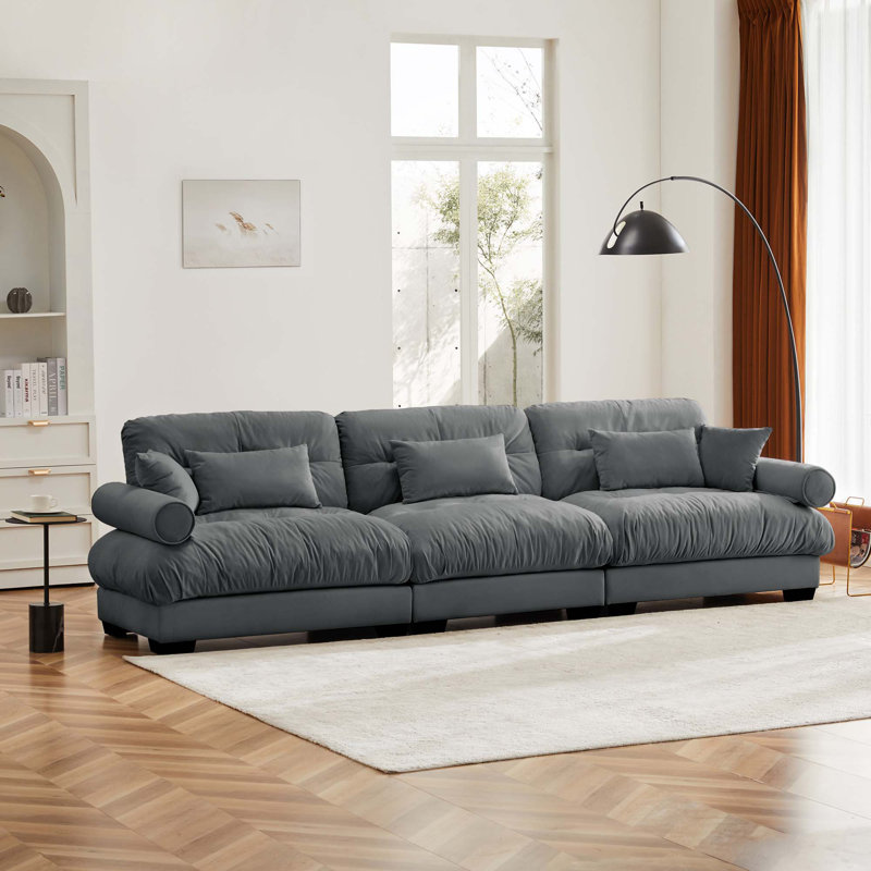 CanapÃ© moderne extra-large avec coussins de soutien et coussins dÃ©coratifs, Velours gris velours, 35" H x 130" W x 37" D