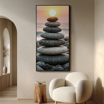 Extra Large Wall Art Fabric Print - Sunset Stone Cairn Stack on Pebble Beach with Warm Sky Glow for Living Room or Bedroom - "Frame Assembly Required (Unfinished Frame)"