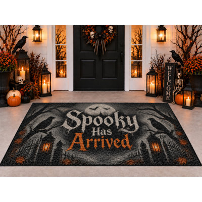 Tapis d'extérieur Halloween 152 x 213 cm, motif maison hantée, imperméable, en PVC bouclé, résistant et à séchage rapide, idéal pour porche, terrasse, balcon ou entrée.