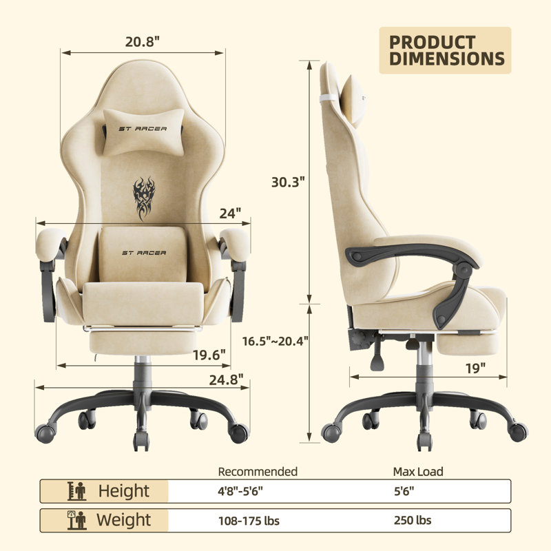 Soontrans Velvet Fabric Gaming Chair with Footrest High Back Ergonomic Gamer Chair with Headrest and Massage Lumbar Cushion Racing Reclining Video Game Chair for Adults, Beige