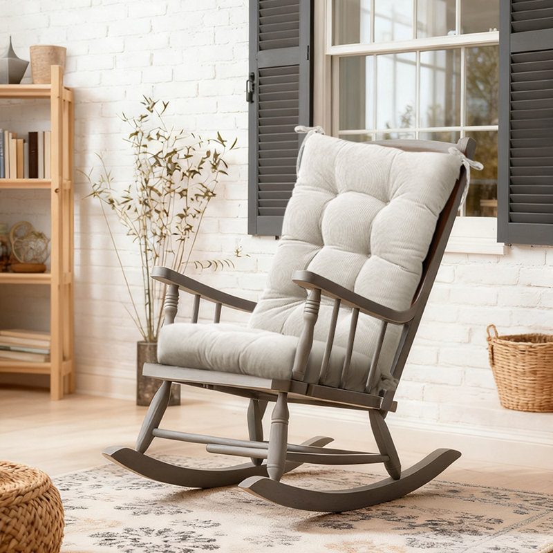 Double Fixation Non-Slip Rocking Chair Cushion - High Rebound foam Filled Corduroy Flower Seat & Back Pad for Study, Bedroom & Porch (White)