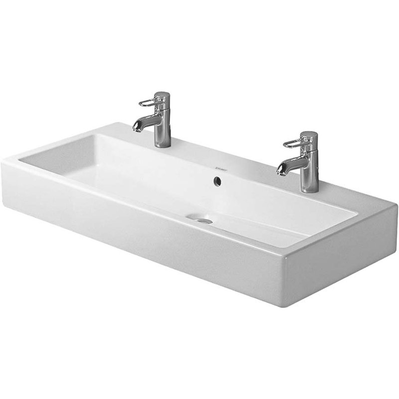 Vero White Ceramic Rectangular Wall Mount Bathroom Sink with Overflow, 39.375" W x 18.5" D, No