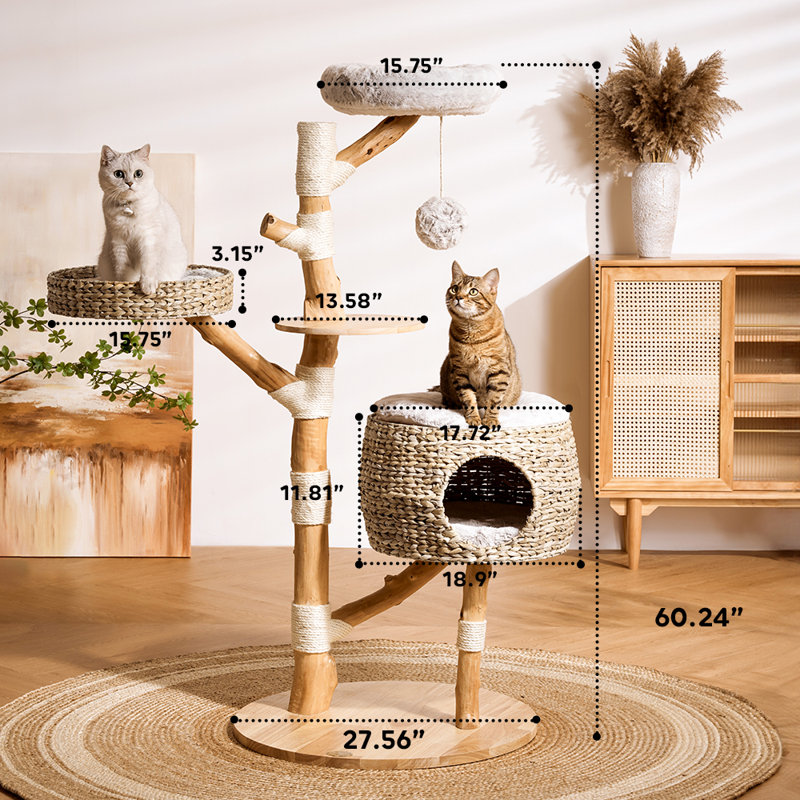 60" Fruitwood Rattan Tree Cat House