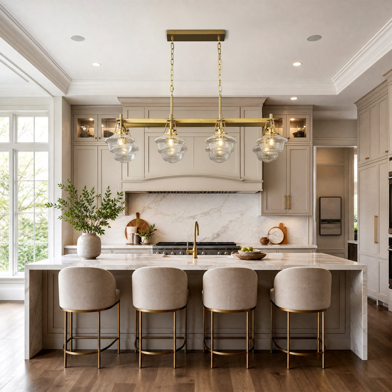 Lustre linéaire à 8 lumières avec abat-jour en verre, chaîne lumineuse suspendue à finition cuivre pour la salle à manger, le salon et le vestibule, ampoules DEL E26 incluses
