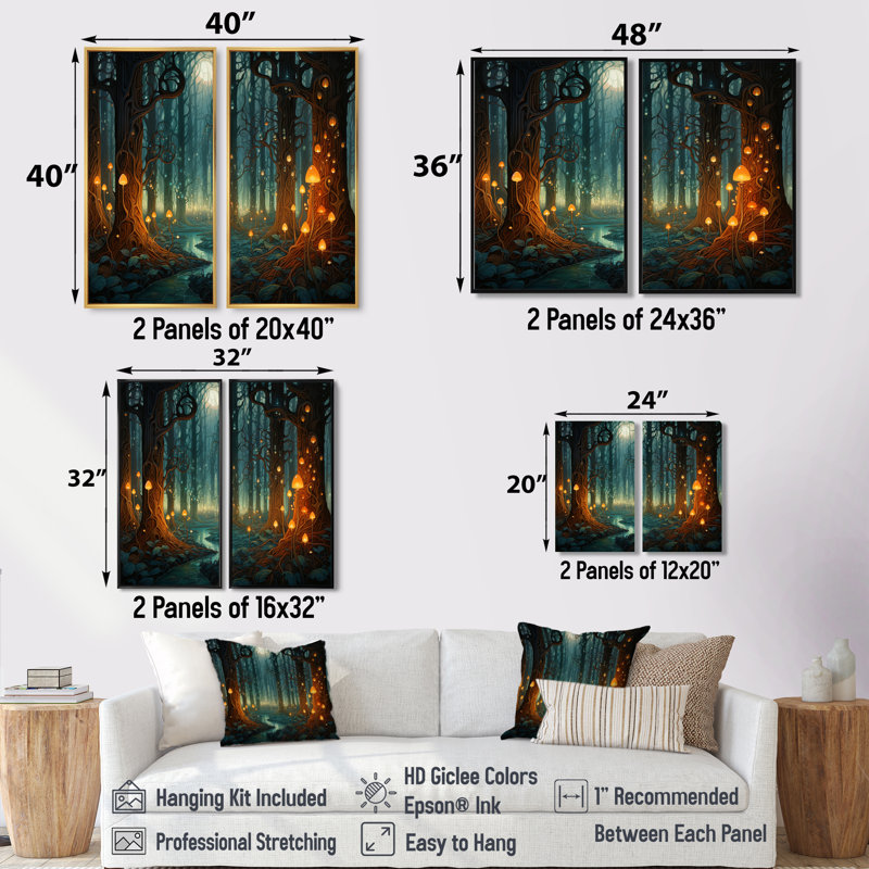 «Glowing Lights In The Full Moon Forest Magic», art mural traditionnel, 20" H x 24" W, Black, Floater Frame