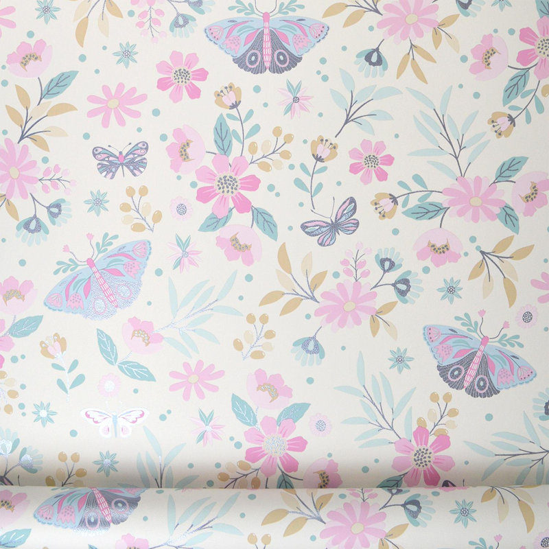 Sweet Meadow Wallpaper Flowers Butterflies Bedroom Feature Wall Pink