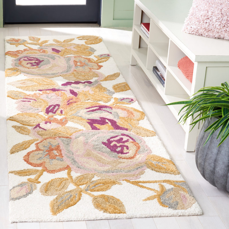 Tapis floral en laine touffeté à la main en coton ivoire / vert Marland, Tapis de couloir 2 pi 3 po x 8 pi