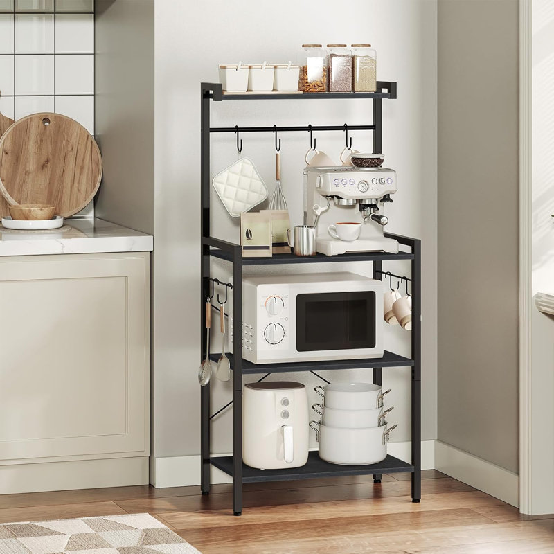 4-Tier Bakers Rack With Storage, Multifunctional Kitchen Shelf For Microwave Stand, Coffee Bar Station, And Small Space Organization With 8 S-Hooks