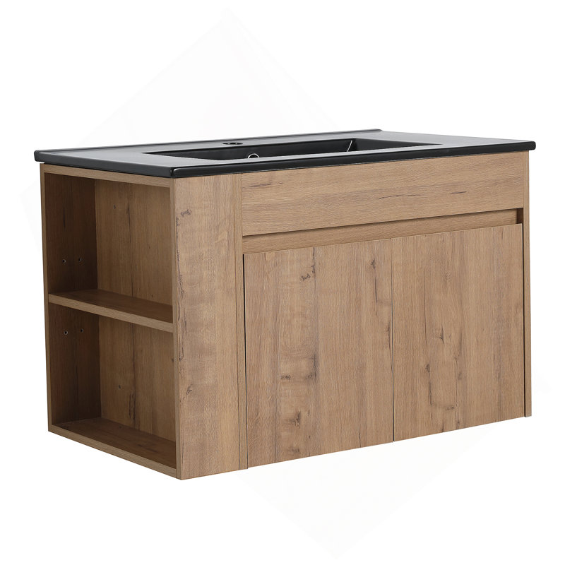 Meuble-lavabo de salle de bain avec lavabo en céramique blanc et tablette ajustable, Noir