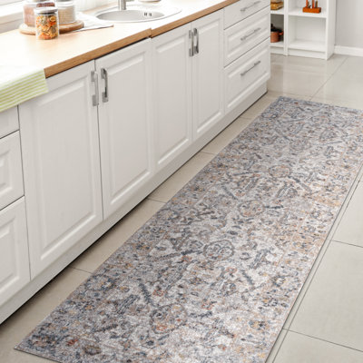 Brandy Rustic Border Low-Pile Machine-Washable Light Gray/Blue Rug