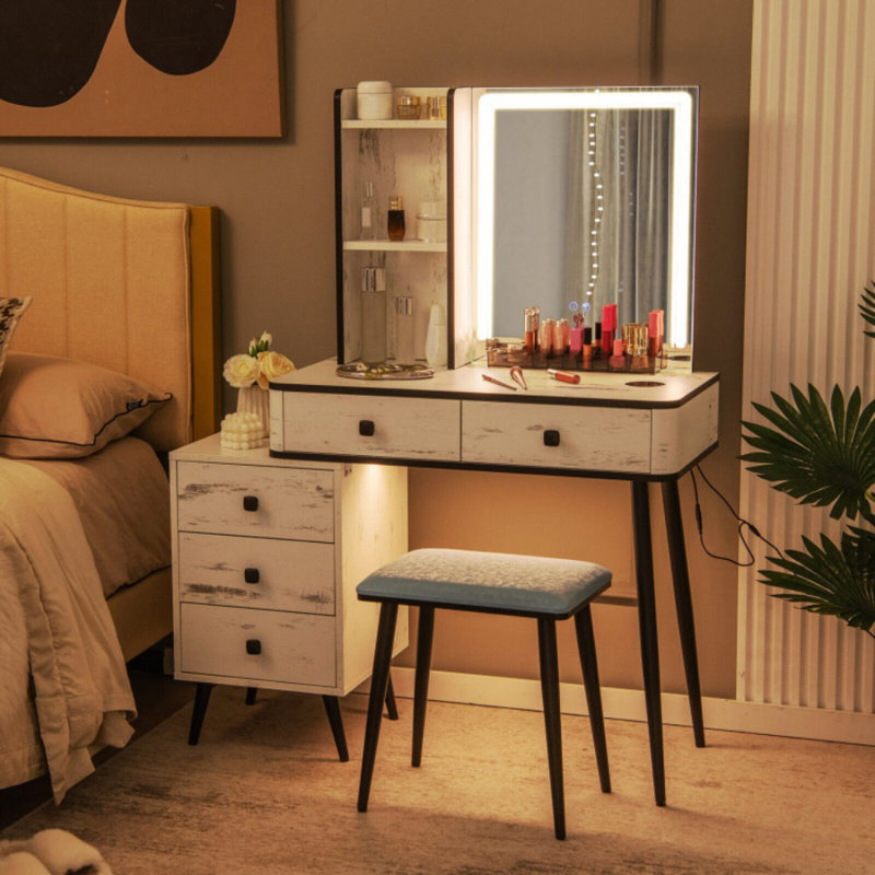 Ensemble de coiffeuse avec miroir lumineux, Blanc / noir