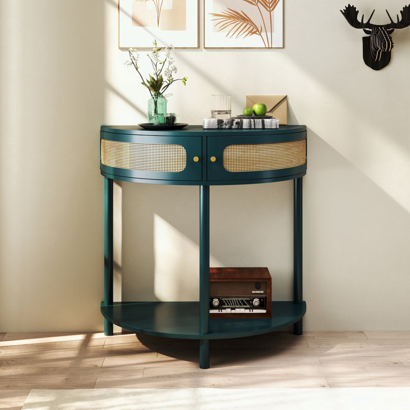 Wooden console Table with Sliding Rattan Door and buttom shelf, Antique Green