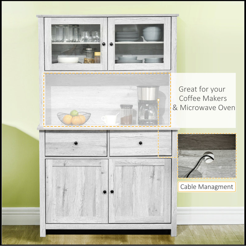 Buffet de cuisine 63,5 "avec huche, armoire de rangement pour garde-manger avec 4 tablettes, tiroirs, portes en verre encadrées