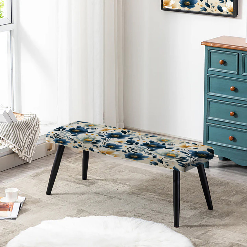 Banc rembourré floral noir, Fleurs gracieuses bleues antiques I