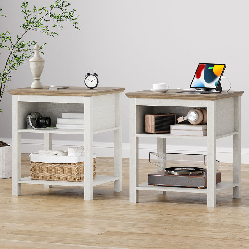 Analiesa End Table With Storage And Charging Station, Light Brown Top/White Base