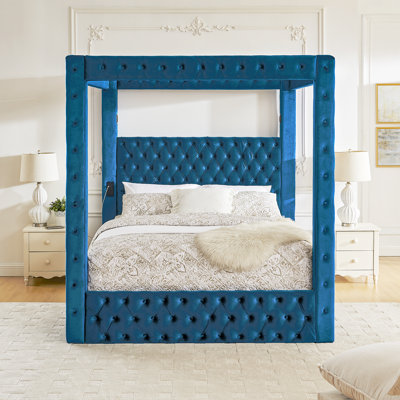 Lit à baldaquin Queen Size, plateforme rembourrée en velours avec haut-parleur Bluetooth intégré, ports de chargement USB-A et USB-C, 590 kg