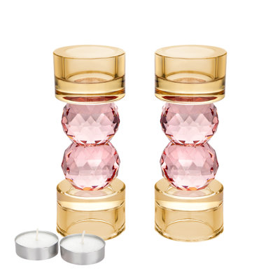 Set Of 2 Candle Holders Amber With Pink Balls - 2.5"D X 5.7"H