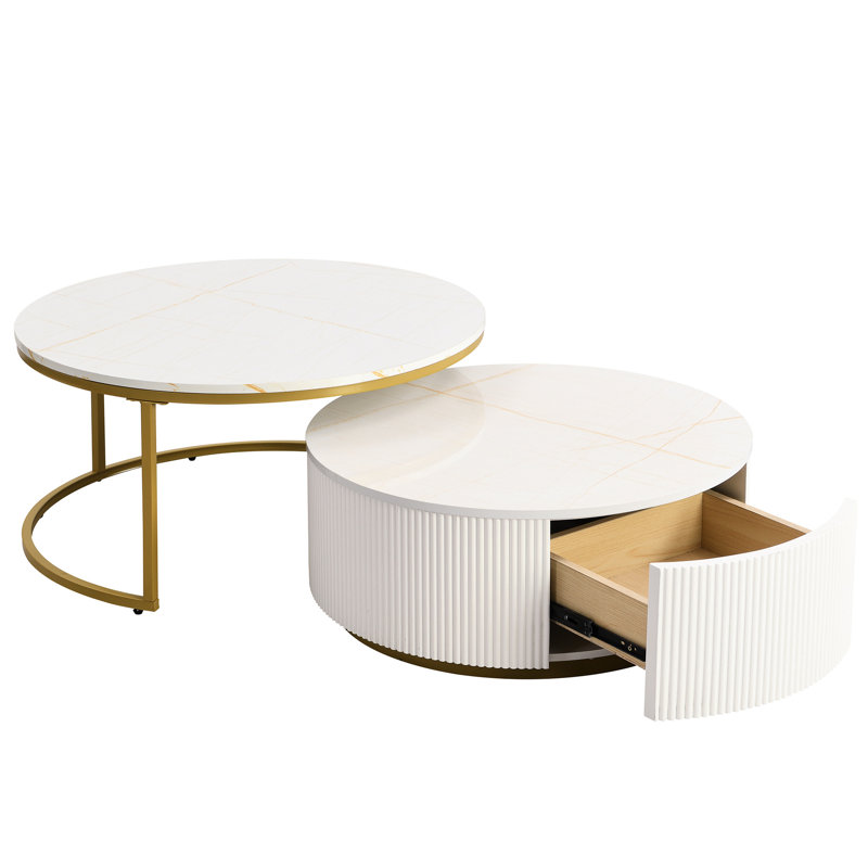 Table basse ronde emboîtable avec plateau et tiroir pratique en blanc et or, Blanc