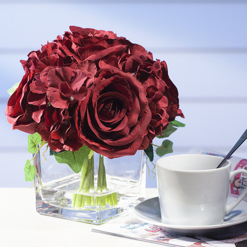 Burgundy Silk Hydrangea and Rose Arrangement in White Glass Vase