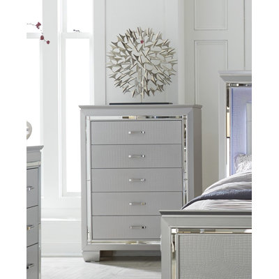 Glamourous Silver Finish 1pc Chest of 5x Dovetail Drawers Faux Alligator Embossed Fronts Bedroom Furniture