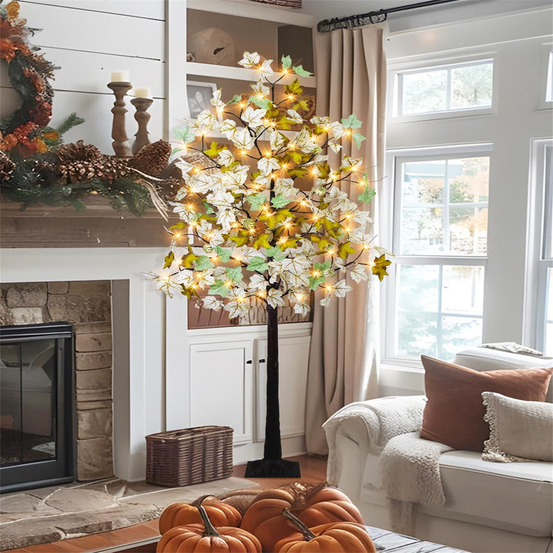 The Holiday Aisle® White 6FT Fall Light Up Tree,6 Pumpkins Artificial ...