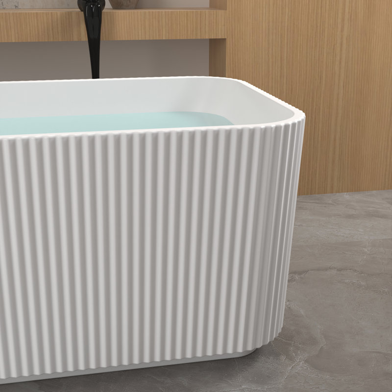 59" Gloss White Acrylic Freestanding Bathtub Rectangular Soaking Tub with Overflow & Pop-Up Drain