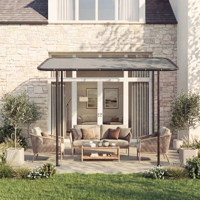Auvent adossé de 2,4 m de large x 1,5 m de profondeur, protection UV UPF50+, structure en acier robuste, résistant aux intempéries, pour terrasse, porche et balcon, gris