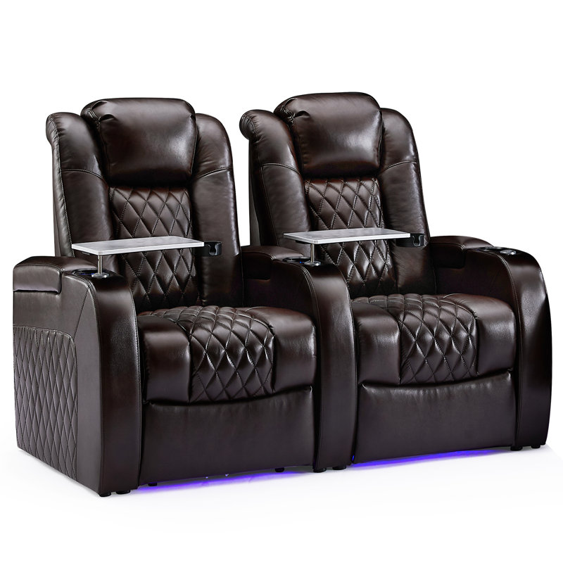 Siège de cinéma en cuir véritable de 64 po de largeur avec porte-gobelet , Cuir véritable café