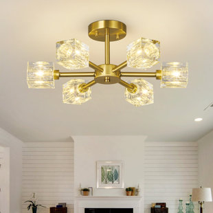 Semi Flush Mount Ceiling Light Modern Crystal Chandeliers Industrial Sputnik Chandeliers For Living Room Bedroom Kitchen Dining Room Brthroom Hallway Entryway(6 Light)