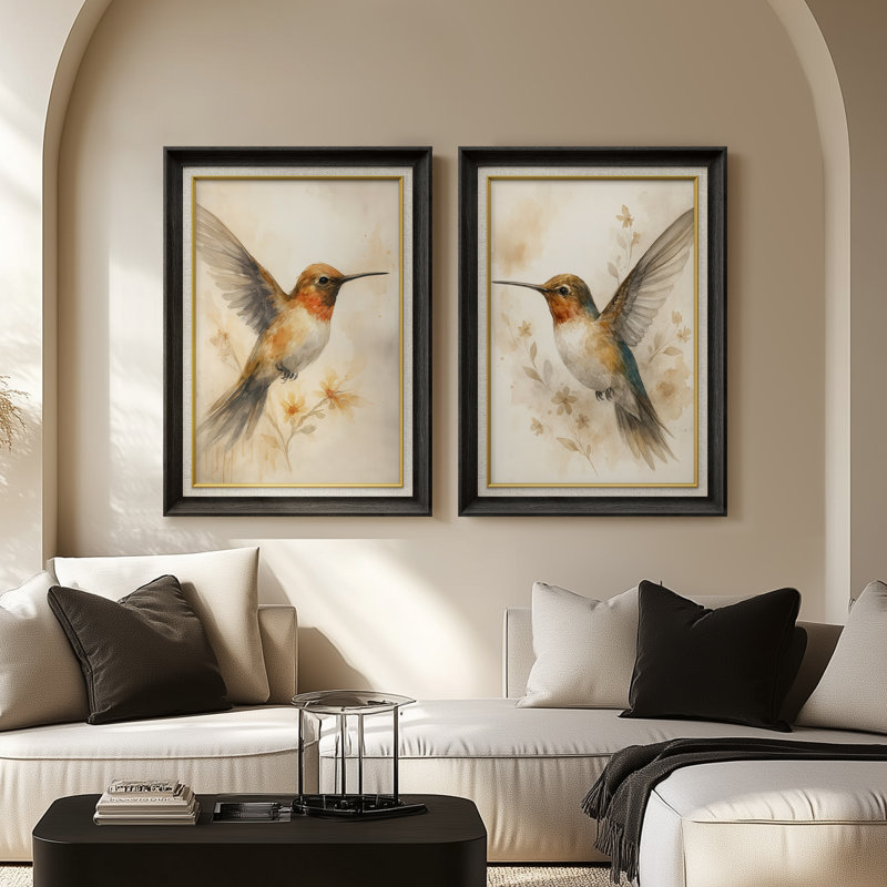 Élégante paire de colibris au toucher doux et naturel - ensemble de 2 reproductions d'art encadrées de qualité supérieure sur papier 26 po x 36 po
