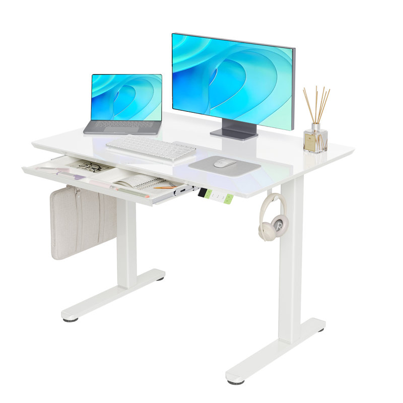 40-inch Electric Standing Desk with a Multi-Functional drawer, Wide Height Adjustment with 4 Memory Preset - White, White