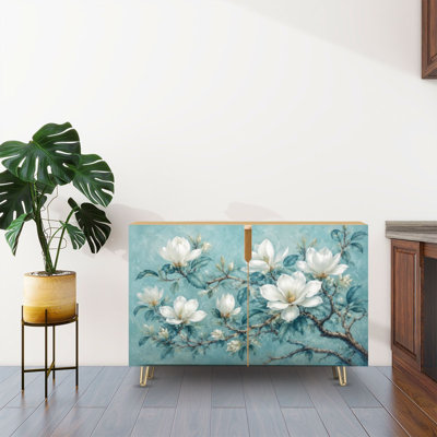 Buffet Buffet avec rangement Élégantes fleurs de magnolia avec 2 portes pour le salon et la cuisine