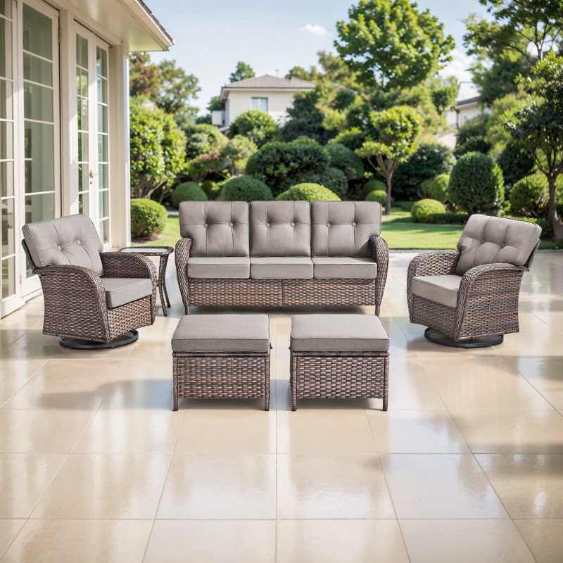 Agnes All-Weather Wicker Courtyard Conversation Set With Swivel Chairs And Ottomans, Grey